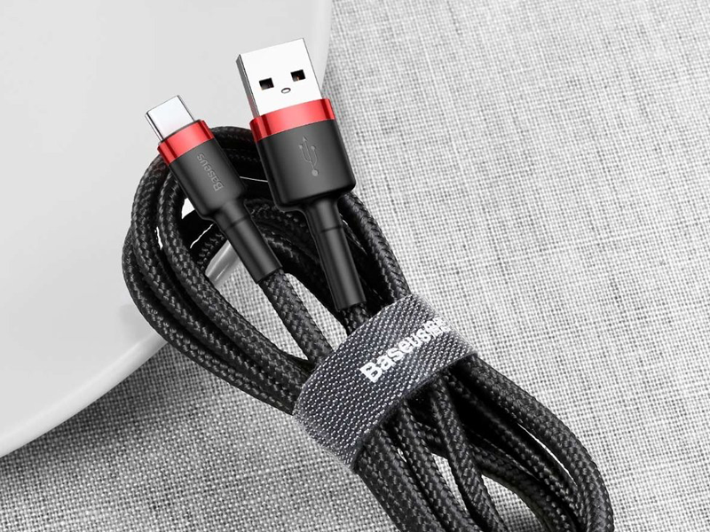 Cafule Nylon harisnyázott USB/USB-Type C kábel QC3.0 2A 2m fekete/piros